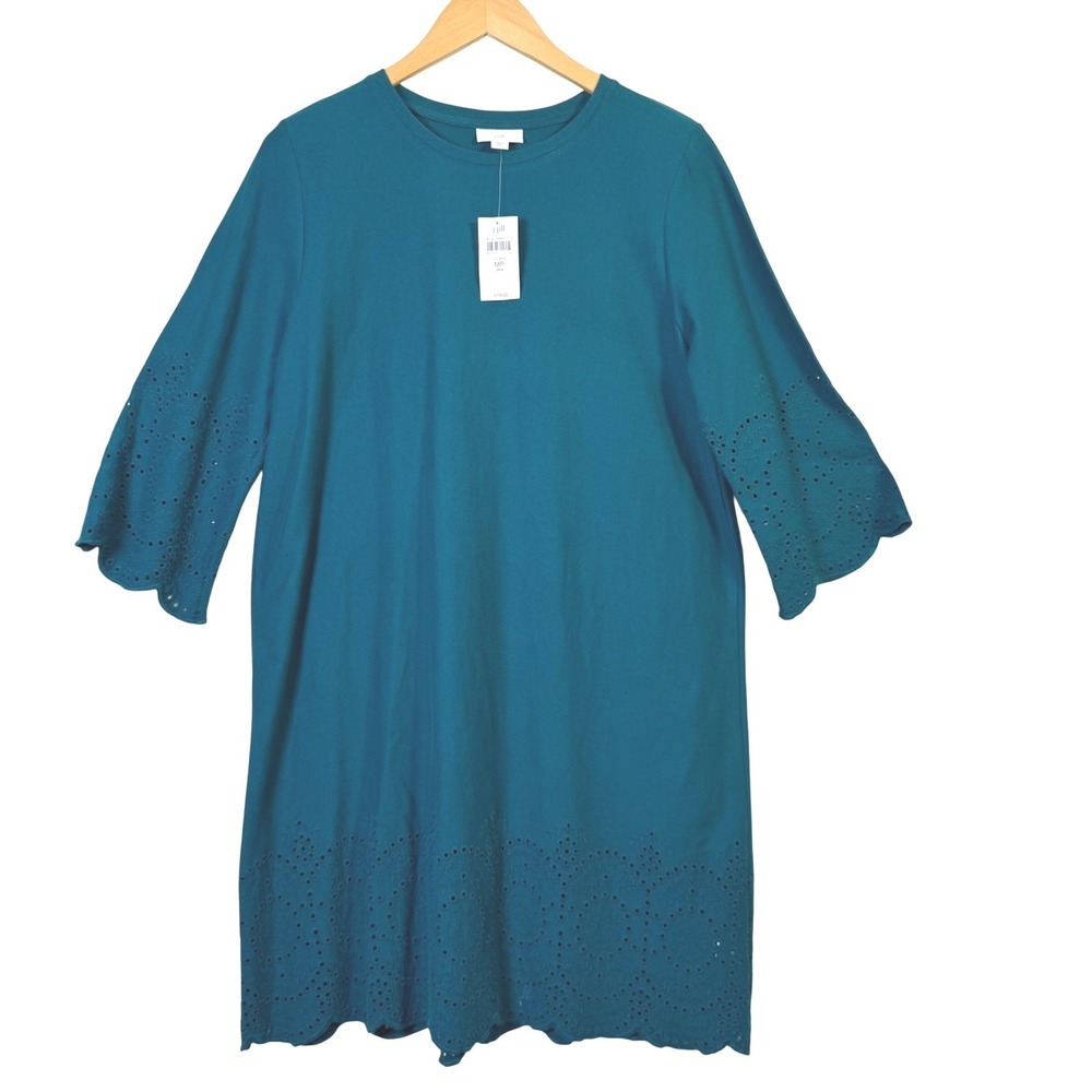 J.Jill NWT Swing Dress Medium Petite Teal Blue Eyelet Cotton 3/4 Sleeve Casual